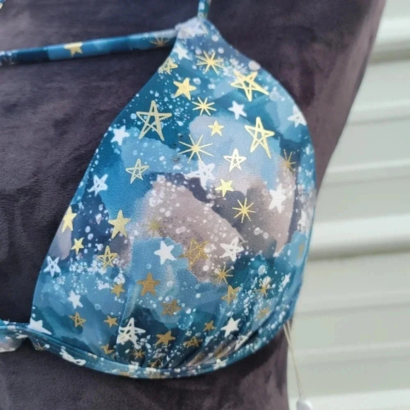 NWT B SWIM Nebula Blue Gold Set Triangle Top High-Waist Bikini Swim Bottom Sz L - Picture 16 of 16